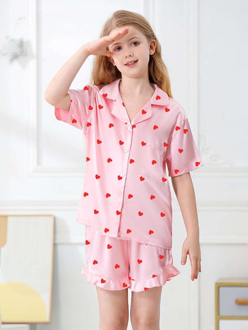 Umeyda Girls Satin Silky Collar V Neck Ruffle Short Sleeve Top and Shorts Sleepwear PJs, Pink Heart, 9-10 Years - Image 3
