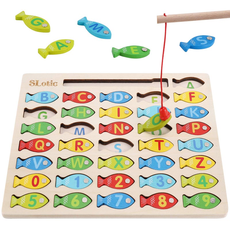 Slotic Magnetic Wooden Fishing Game Toy for Toddlers Alphabet ABC Fish Catching Counting Learning Education Math Preschool Board Games Toys Gifts for 3 4 5 Years Old Girl Boy Kids - Image 3