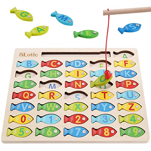 Slotic Magnetic Wooden Fishing Game Toy for Toddlers Alphabet ABC Fish Catching Counting Learning Education Math Preschool Board Games Toys Gifts for 3 4 5 Years Old Girl Boy Kids - Image 1