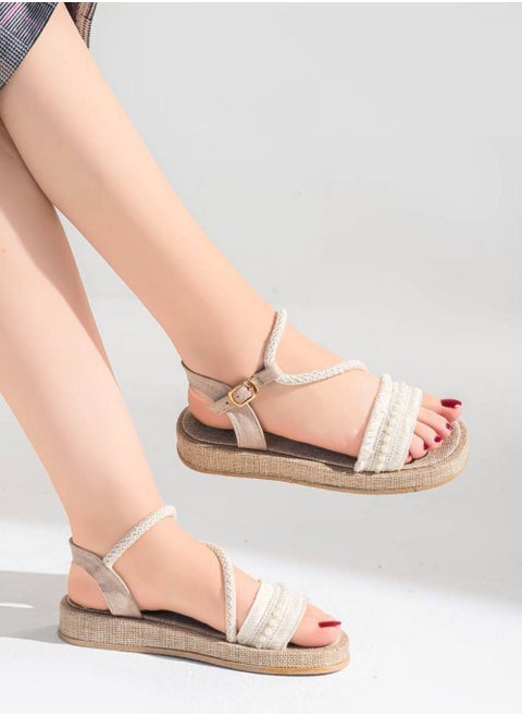 Sandal Flat Burlap With Buckle SF-45 - Beige