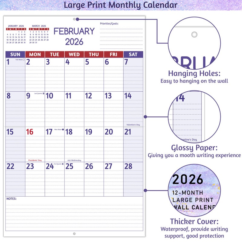 BowCuk 2026 Wall Calendar - Large Print Calendar 2026, 12 Monthly Calendar, Jan. 2026 - Dec. 2026, 14.6 x 22.8 In (Open), 2026 Calendar with Big Numbers, Large Grid, Notes, Moon Phases, Great for Planning - Image 4