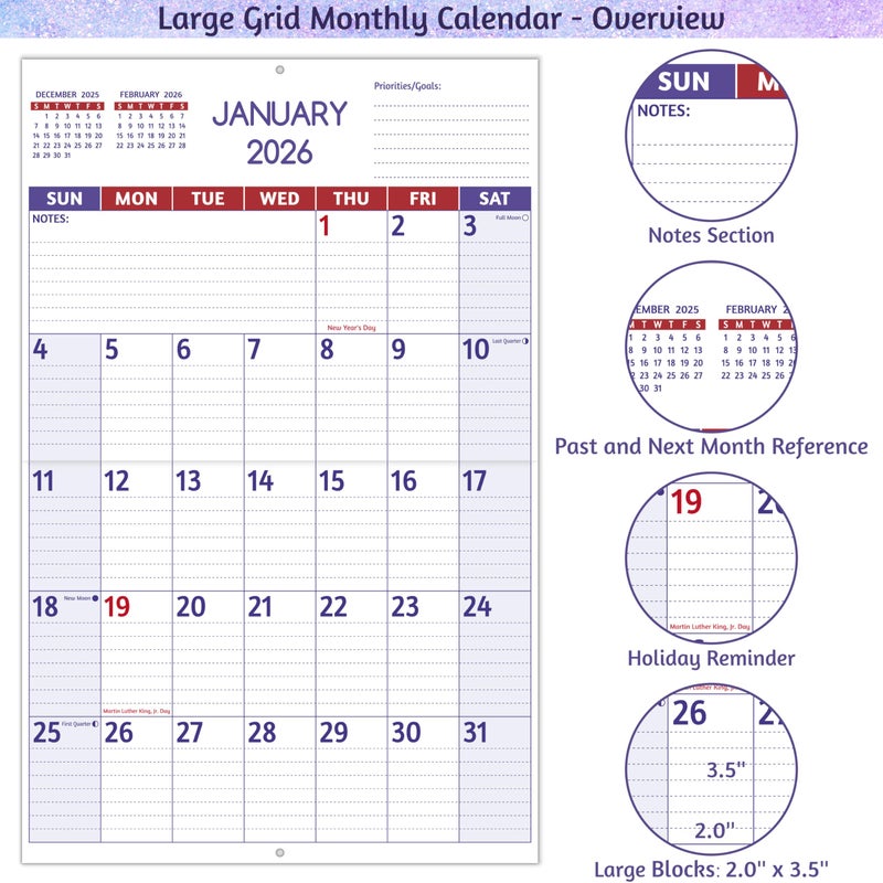 BowCuk 2026 Wall Calendar - Large Print Calendar 2026, 12 Monthly Calendar, Jan. 2026 - Dec. 2026, 14.6 x 22.8 In (Open), 2026 Calendar with Big Numbers, Large Grid, Notes, Moon Phases, Great for Planning - Image 3