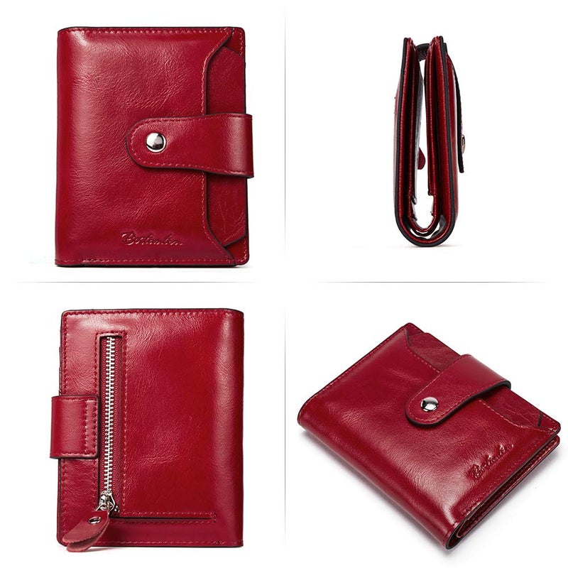 BOSTANTEN Women Leather Wallet RFID Blocking Small Bifold Zipper Pocket Wallet Card Case Purse with ID Window Red - Image 3