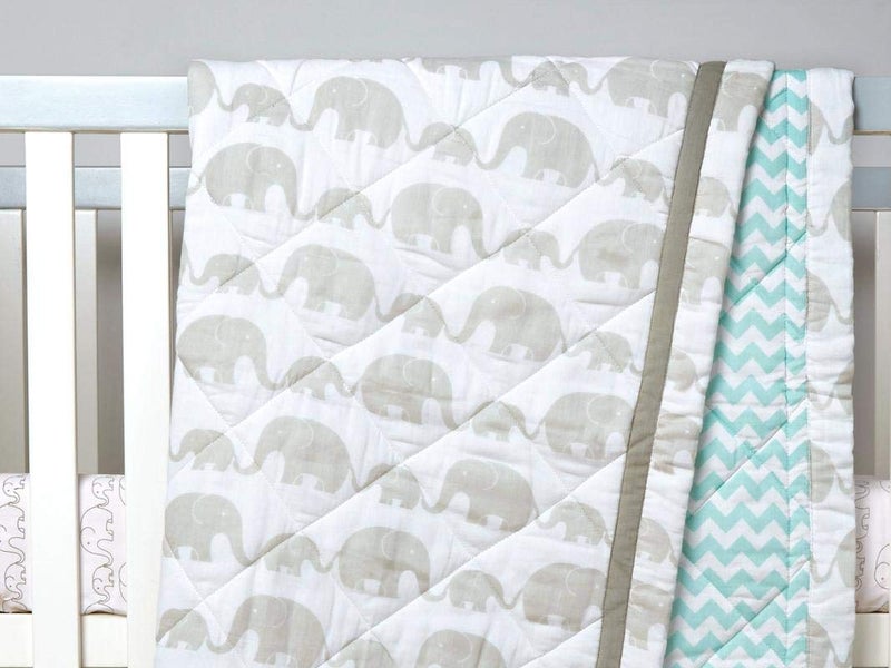 Masilo Organic Cotton Quilted Blanket for Babies-Cradle Organic Cotton Softest Baby Blanket Quilt for Babies 0 to 3 Years - Elephant Parade-Grey - Image 1