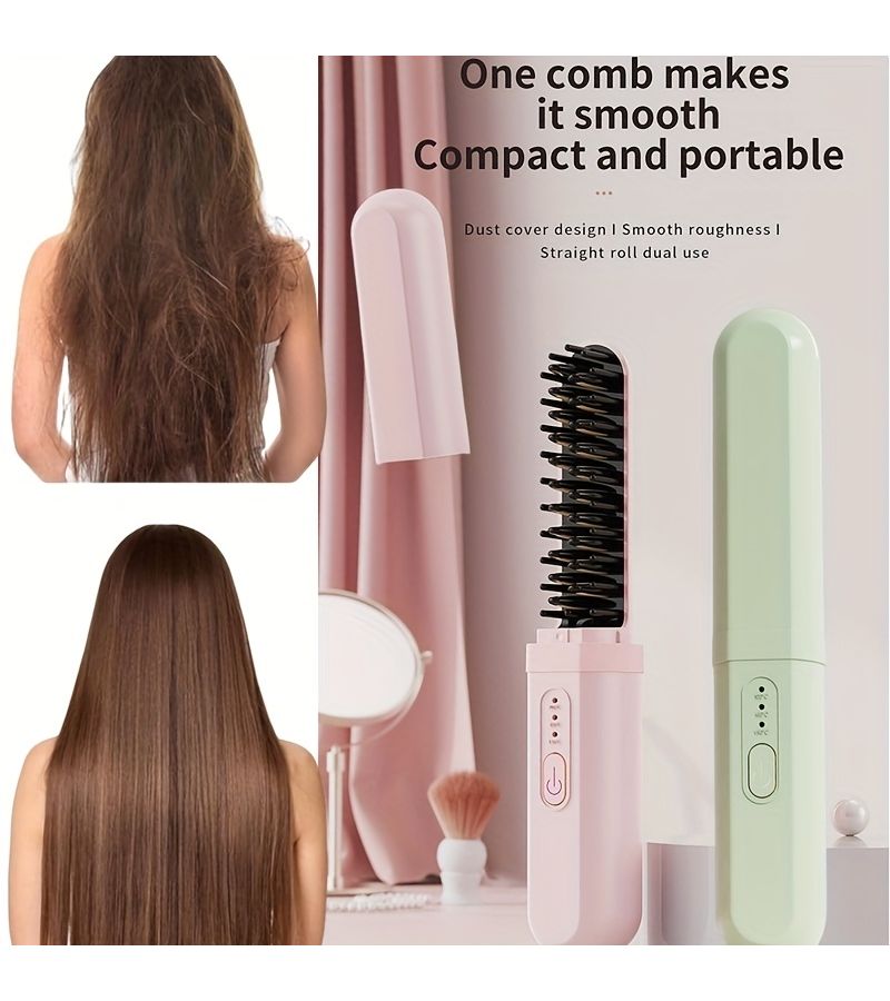 Pink Portable USB Rechargeable Hair Straightening Brush Comb Dual Straight Curl Function Negative Ion Technology Anti Scald Protection Wet Dry Use 18650 Lithium Battery Compact Travel Friendly Design For Home Travel Outdoor Ideal Gift - Image 4