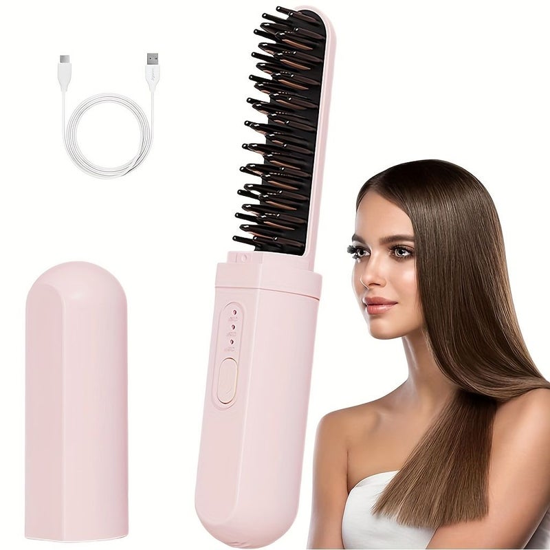 Pink Portable USB Rechargeable Hair Straightening Brush Comb Dual Straight Curl Function Negative Ion Technology Anti Scald Protection Wet Dry Use 18650 Lithium Battery Compact Travel Friendly Design For Home Travel Outdoor Ideal Gift - Image 1