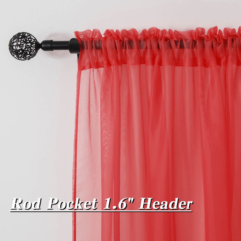 HUTO Christmas Red Sheer Curtains 54 inches Long for Bedroom Top Rod Pocket Sheer Window Panels Curtains for Nursery Living Room 52 by 54 Inch Length Set of 2