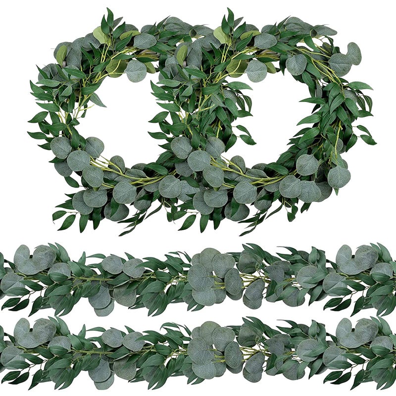 Trimgrace 4 Pack 65 Feet Artificial Eucalyptus Garland with Willow Leaves Vine Greenery for Wedding Table Runner Centerpiece Arch Bridal Baby Shower Fireplace Decor