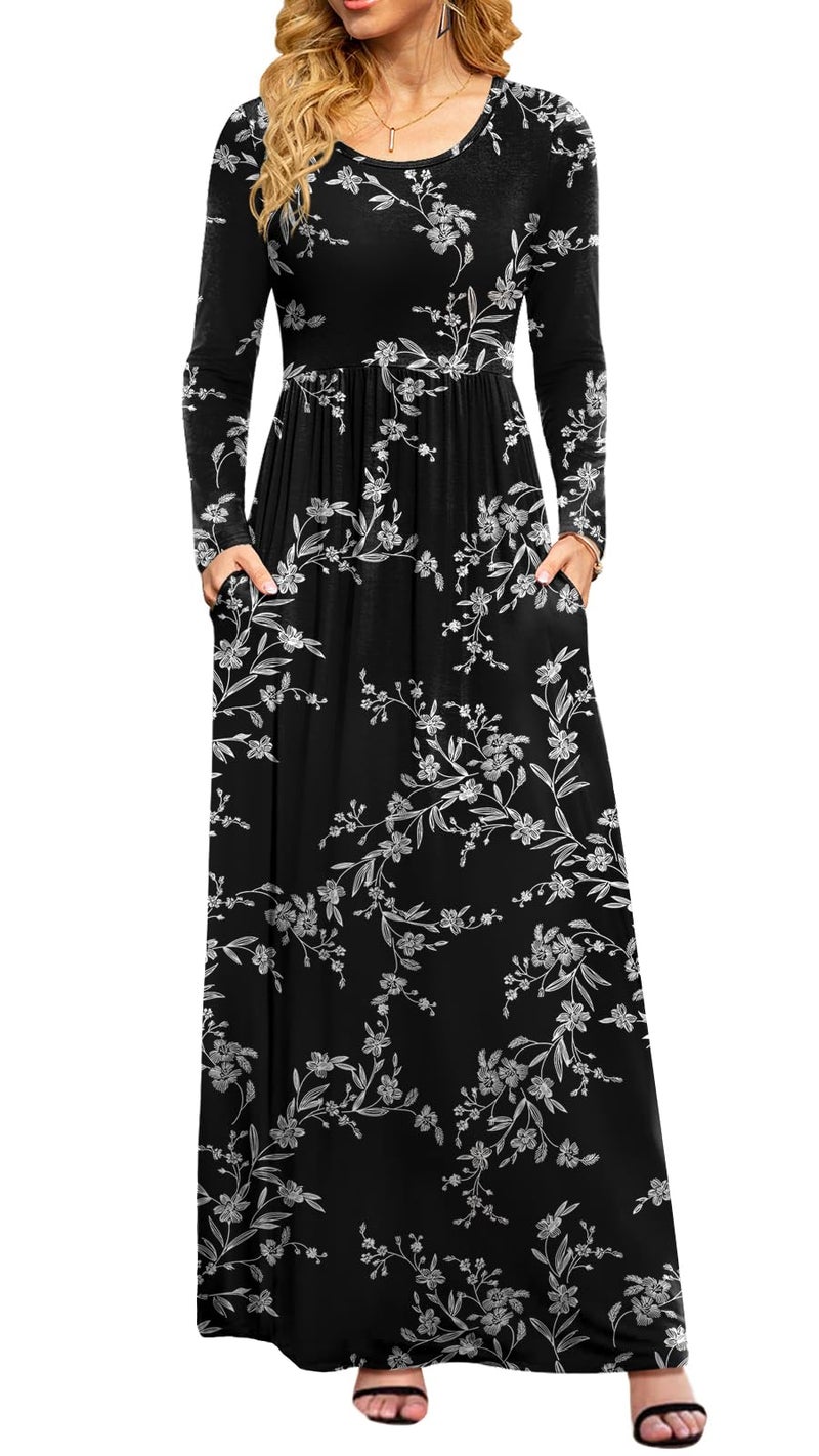 DB MOON Women Casual Long Sleeve Maxi Dresses Empire Waist Long Dress with Pockets Black Floral M - Image 1
