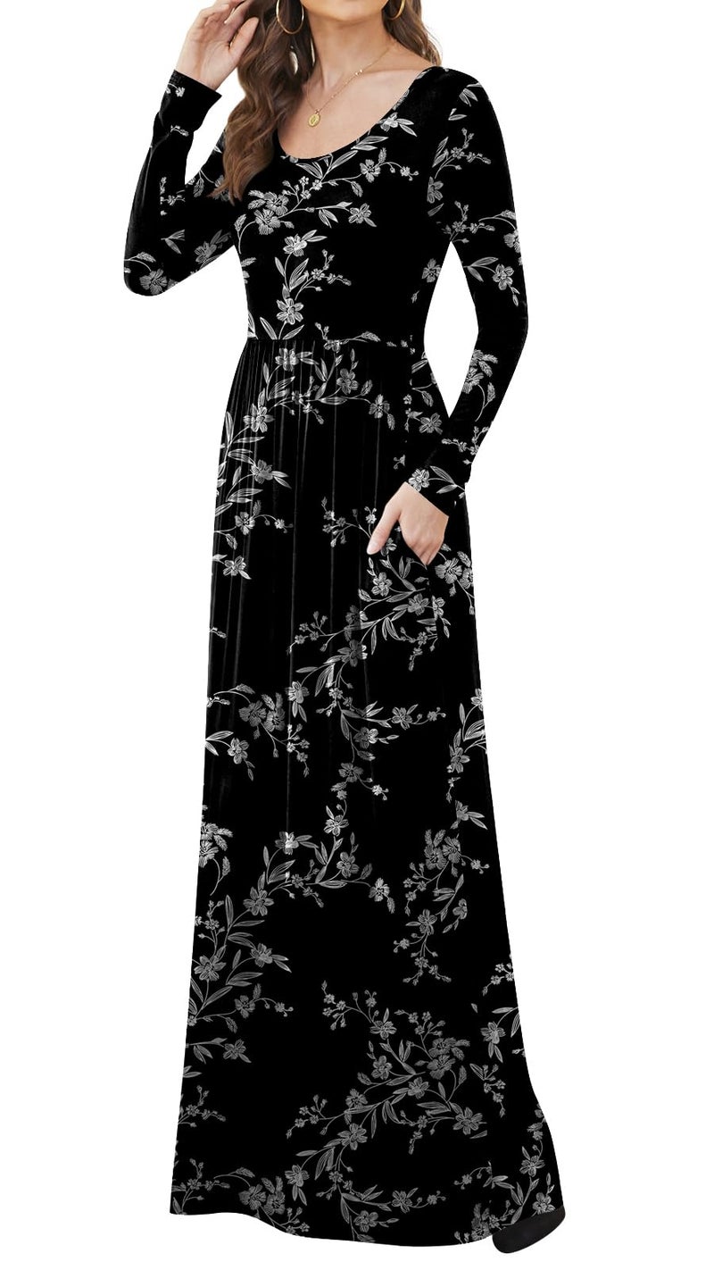 DB MOON Women Casual Long Sleeve Maxi Dresses Empire Waist Long Dress with Pockets Black Floral M - Image 4