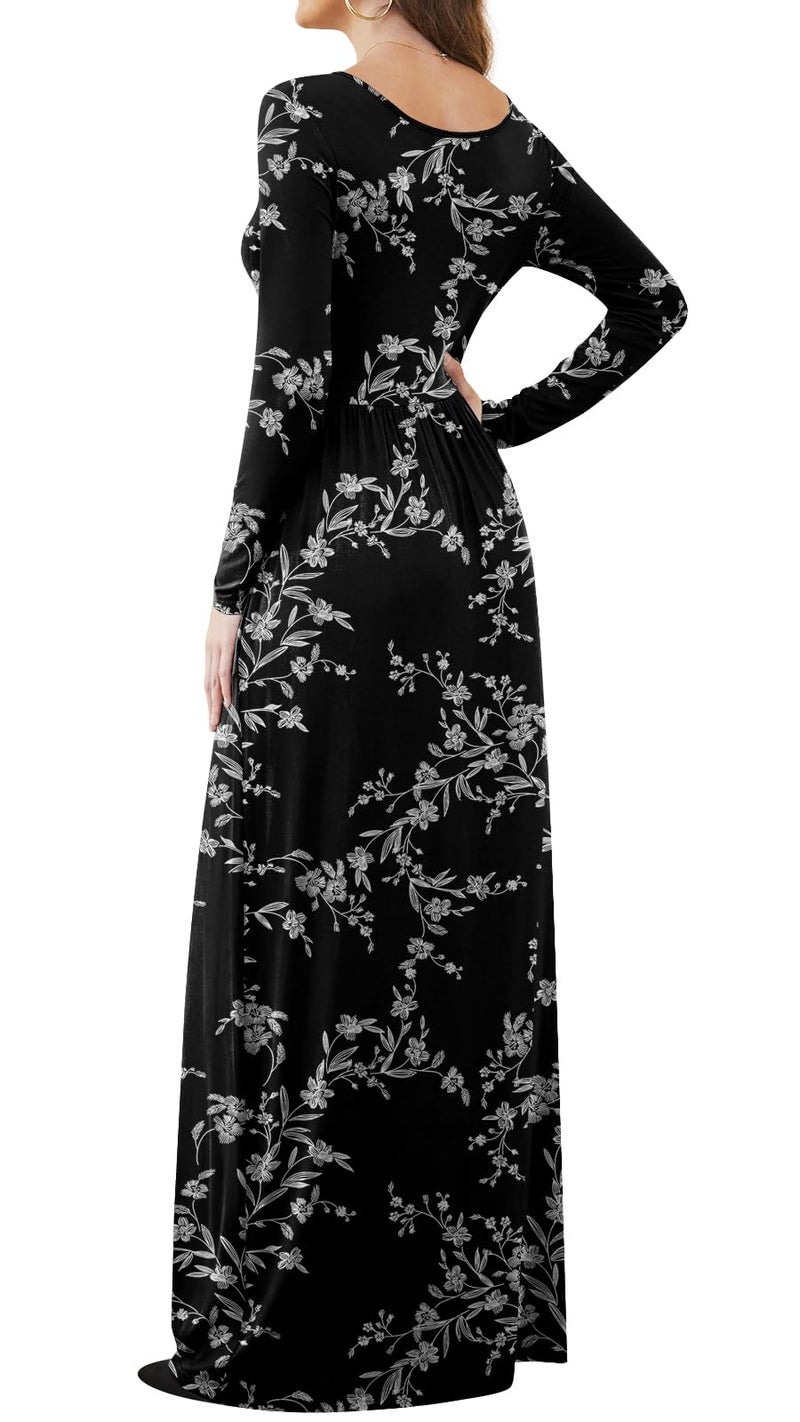 DB MOON Women Casual Long Sleeve Maxi Dresses Empire Waist Long Dress with Pockets Black Floral M - Image 3