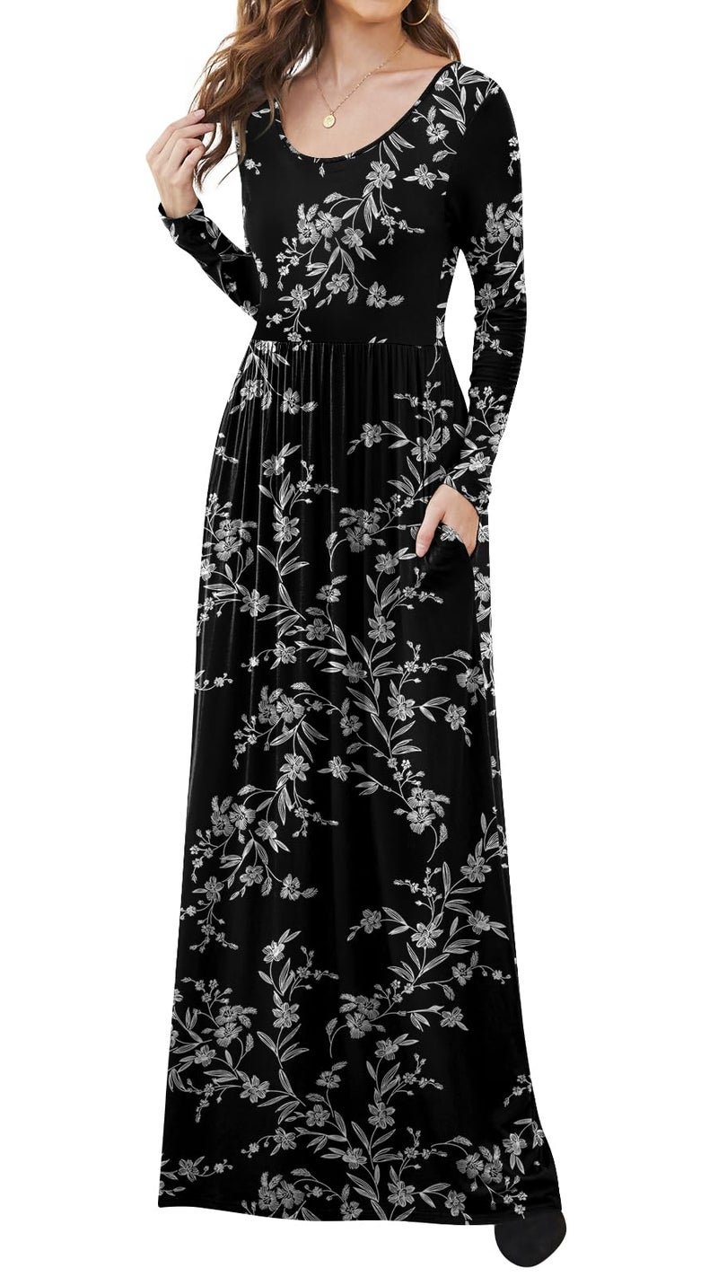 DB MOON Women Casual Long Sleeve Maxi Dresses Empire Waist Long Dress with Pockets Black Floral M - Image 2