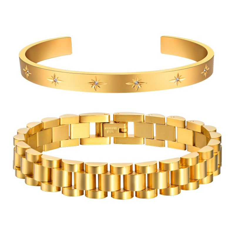 MPRAINBOW سوار سلسلة ذهبية من MPRAINBOW 2 قطعة - سوار حب من الفولاذ المقاوم للصدأ مع كريستال زيركونيا مكعب، سوار صداقة، سلسلة ساعة، مجوهرات مع أداة ضبط - Image 1