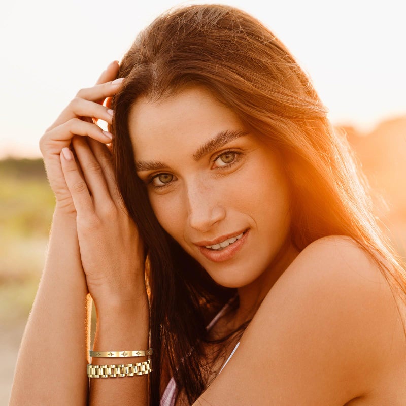 MPRAINBOW سوار سلسلة ذهبية من MPRAINBOW 2 قطعة - سوار حب من الفولاذ المقاوم للصدأ مع كريستال زيركونيا مكعب، سوار صداقة، سلسلة ساعة، مجوهرات مع أداة ضبط - Image 3