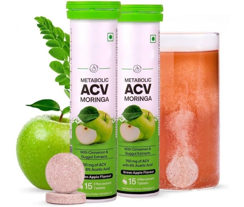 OZiva Acv Moringa|Control Cravings I Apple Cider Vinegar,Cinnamon,Guggul I No Maltodextrin & No Added Sugar I 15 Effervescent Tablets - Green Apple,Pack Of 2 (30 Tablets),2 Count,15 Capsules - Image 1