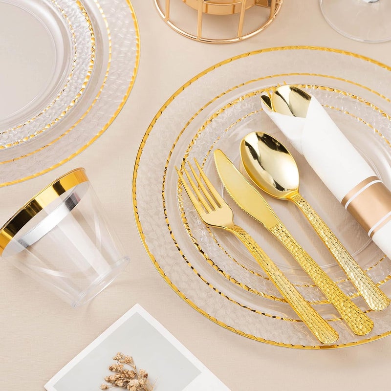 Bestluck 350PCS Clear Plastic Plates with Gold Trim for 50 Guests, Disposable Dinnerware Set for Party & Wedding, Includes 100 Plastic Plates, 50 Pre Rolled Napkins with Gold Silverware, 50 Cups - Image 3