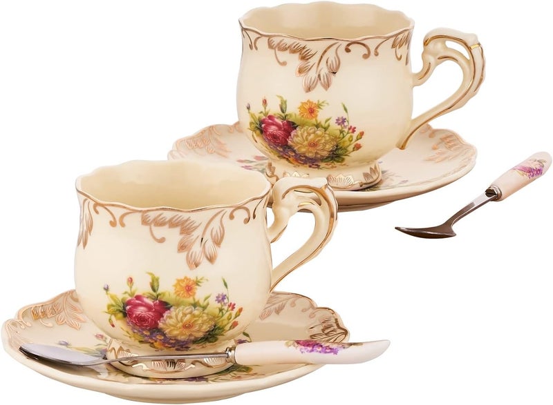 CHILDIKE European Porcelain Tea Cups and Saucers Set Vintage Floral Tea Cups Set Ivory Gold Trim Floral Coffee Cups Set 8 Ounce Gift for Women Floral Set of 2 - Image 1