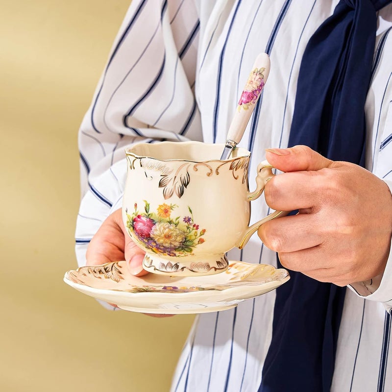 CHILDIKE European Porcelain Tea Cups and Saucers Set Vintage Floral Tea Cups Set Ivory Gold Trim Floral Coffee Cups Set 8 Ounce Gift for Women Floral Set of 2 - Image 2