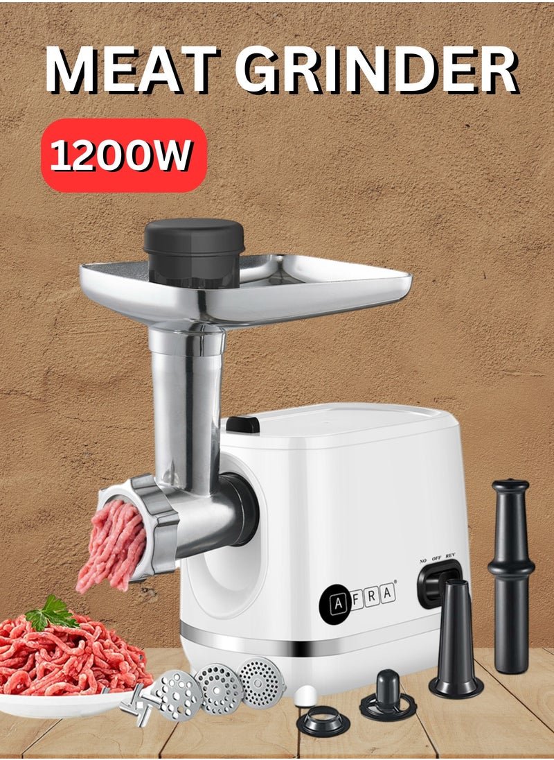 AFRA - AFRA Meat Grinder, 1200w, 3 Cutting Discs, Aluminum Construction, Stainless Steel Cross Knife, food storage pusher, kibbeh & sausage attachment AF-1200MGWT, 2 Year Warranty - Image 1