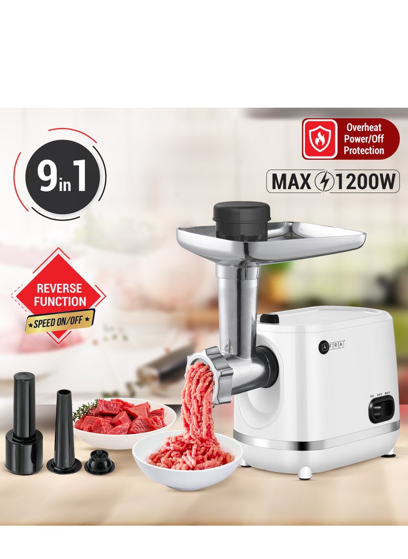 AFRA - AFRA Meat Grinder, 1200w, 3 Cutting Discs, Aluminum Construction, Stainless Steel Cross Knife, food storage pusher, kibbeh & sausage attachment AF-1200MGWT, 2 Year Warranty - Image 1