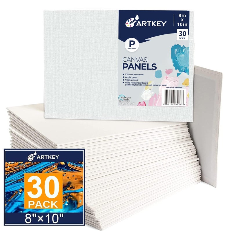 Artkey Canvases for Painting 8x10 Inch 30Pack 10 oz Primed 100 Cotton White Blank Flat Canvas Boards Art Paint Canvas Panels for Acrylic Oil Watercolor Tempera Paints - Image 2