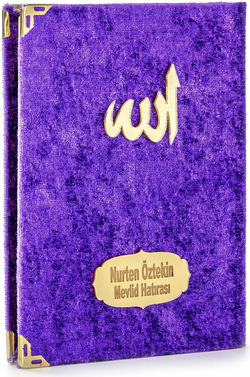 İhvan Online 10 Piece Special Gift Set - Velvet Covered Book of Yasin - Pocket Size - With Personalized Plate - Prayer Mat - Prayer Beads - Boxed - Purple - Mevlüt Gift