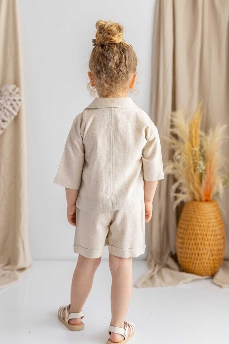 Oliven The Kid Beige Natural Linen Elastic Waist Laced Pocket Unisex Shorts - Image 3
