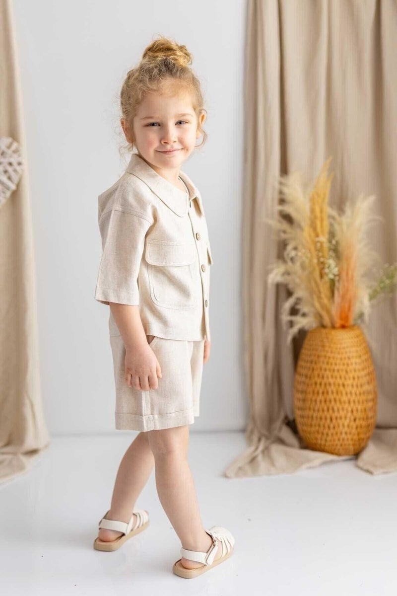 Oliven The Kid Beige Natural Linen Elastic Waist Laced Pocket Unisex Shorts - Image 1