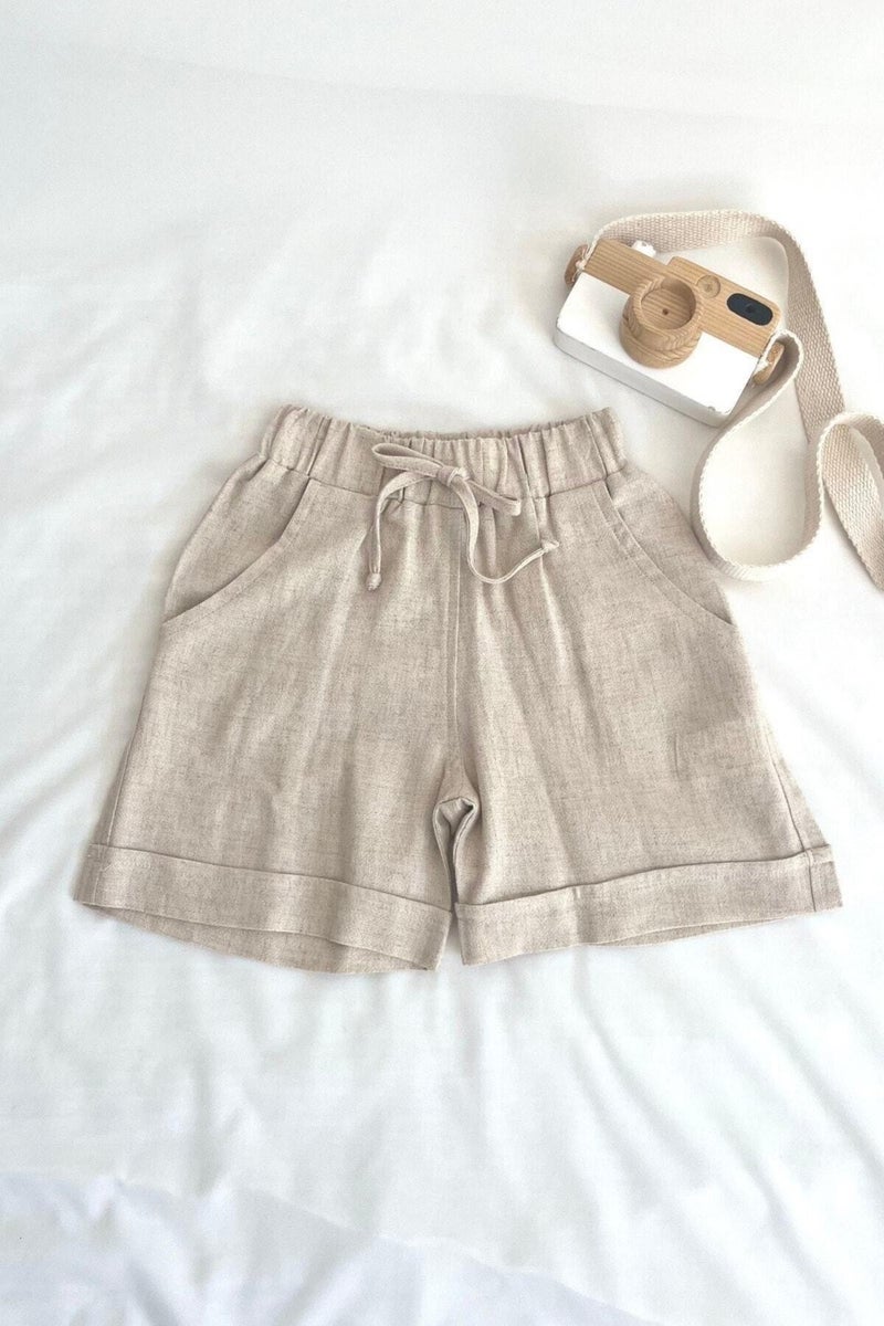 Oliven The Kid Beige Natural Linen Elastic Waist Laced Pocket Unisex Shorts - Image 4
