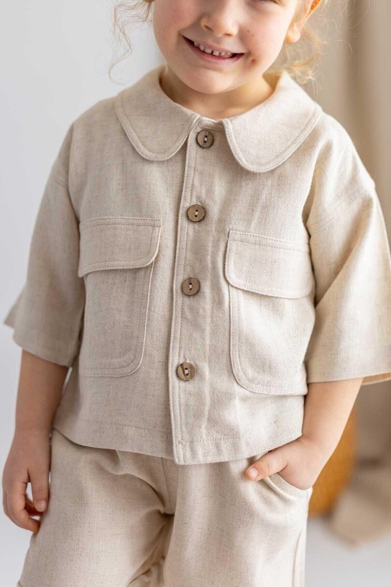 Oliven The Kid Beige Natural Linen Elastic Waist Laced Pocket Unisex Shorts - Image 2