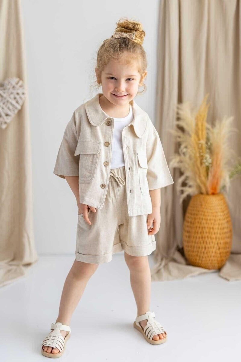 Oliven The Kid Beige Natural Linen Elastic Waist Laced Pocket Unisex Shorts - Image 5