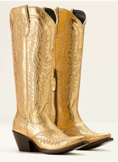 Loquat Cowboy Boots For Women Western Embroidered Cowgirl Boots Chunky Heel Wide Tube Boots Pull on Pointy Toe Vintage Boots Gold 