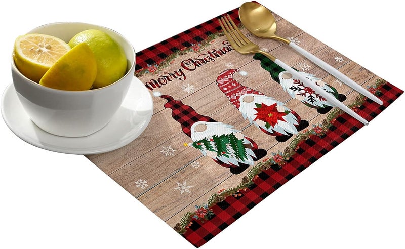 Vandarllin Gnomes Christmas Decorations Placemats Set of 4 Farmhouse Buffalo Plaid Red Black Cotton Line Stain Resistant Table Mats Washable Holidays Placemat For Kitchen Dining Table Winter Snowflakes - Image 2