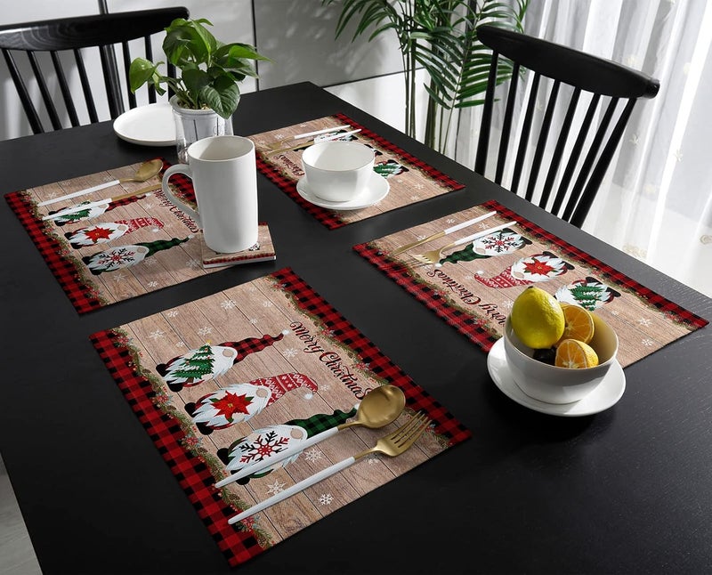 Vandarllin Gnomes Christmas Decorations Placemats Set of 4 Farmhouse Buffalo Plaid Red Black Cotton Line Stain Resistant Table Mats Washable Holidays Placemat For Kitchen Dining Table Winter Snowflakes - Image 3
