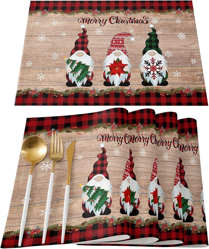 Vandarllin Gnomes Christmas Decorations Placemats Set of 4 Farmhouse Buffalo Plaid Red Black Cotton Line Stain Resistant Table Mats Washable Holidays Placemat For Kitchen Dining Table Winter Snowflakes - Image 1