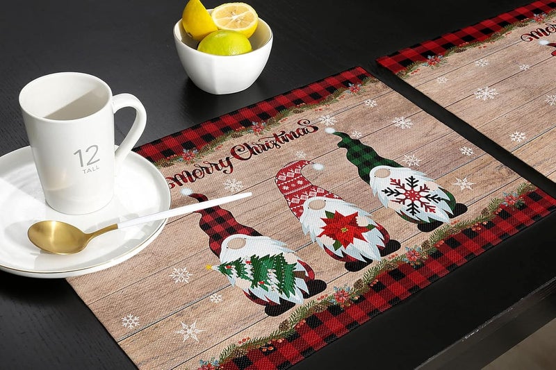 Vandarllin Gnomes Christmas Decorations Placemats Set of 4 Farmhouse Buffalo Plaid Red Black Cotton Line Stain Resistant Table Mats Washable Holidays Placemat For Kitchen Dining Table Winter Snowflakes - Image 5