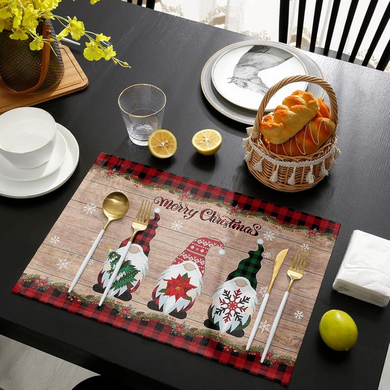 Vandarllin Gnomes Christmas Decorations Placemats Set of 4 Farmhouse Buffalo Plaid Red Black Cotton Line Stain Resistant Table Mats Washable Holidays Placemat For Kitchen Dining Table Winter Snowflakes - Image 4