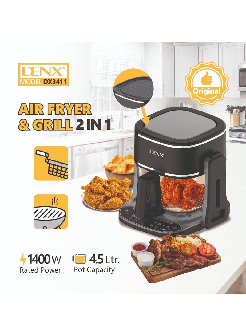 Denx Dual Design Air Fryer & Grill, Touch Screen Display, 8 Preset Function Fries, Steak, Fish, Shrimp, Pizza, & Chicken, Family Size, Glass Container 4.5L , 1800 W- Black - Image 3