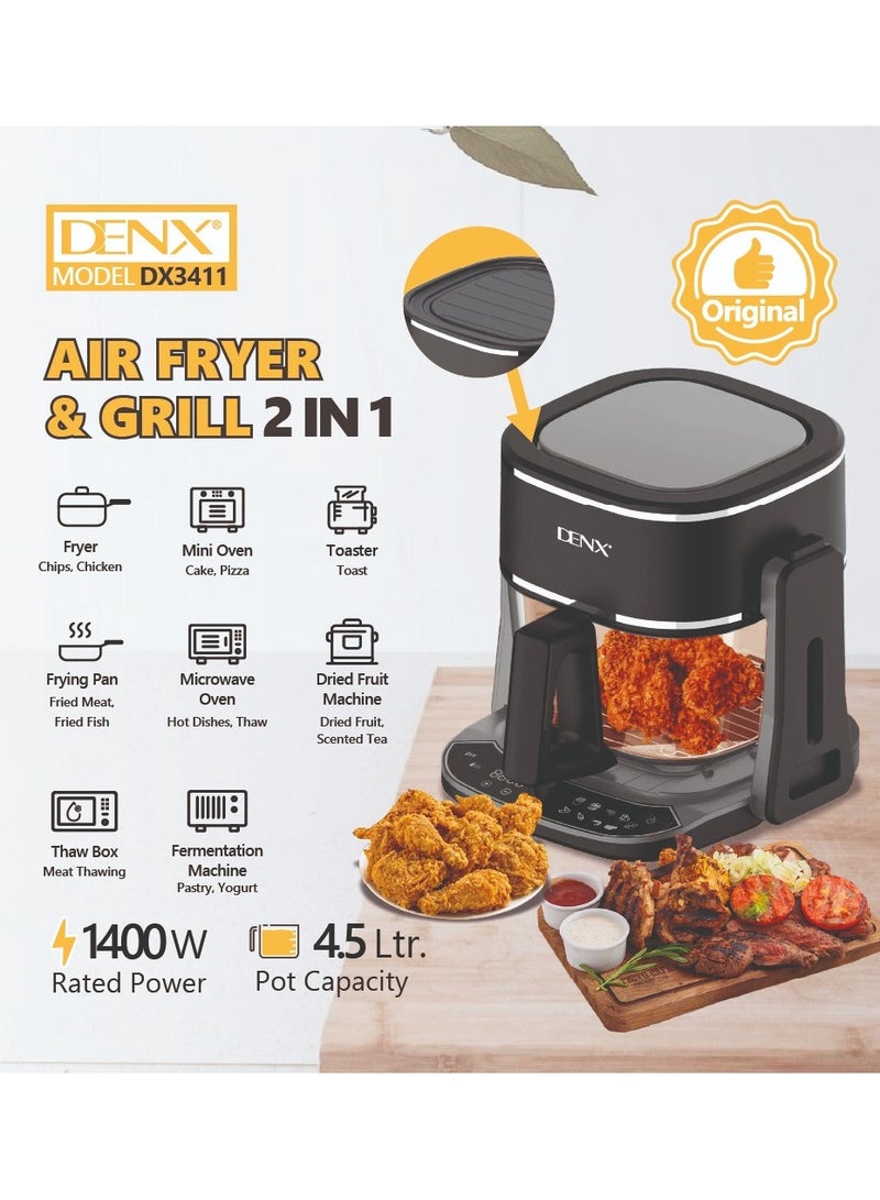 Denx Dual Design Air Fryer & Grill, Touch Screen Display, 8 Preset Function Fries, Steak, Fish, Shrimp, Pizza, & Chicken, Family Size, Glass Container 4.5L , 1800 W- Black - Image 2