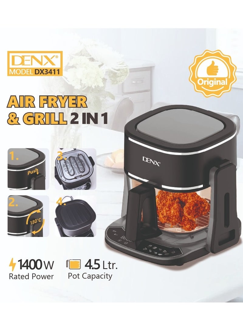 Denx Dual Design Air Fryer & Grill, Touch Screen Display, 8 Preset Function Fries, Steak, Fish, Shrimp, Pizza, & Chicken, Family Size, Glass Container 4.5L , 1800 W- Black - Image 4