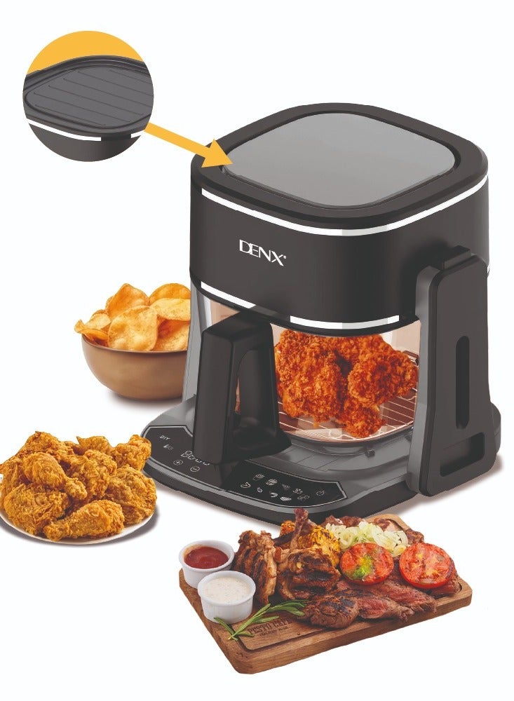 Denx Dual Design Air Fryer & Grill, Touch Screen Display, 8 Preset Function Fries, Steak, Fish, Shrimp, Pizza, & Chicken, Family Size, Glass Container 4.5L , 1800 W- Black - Image 5