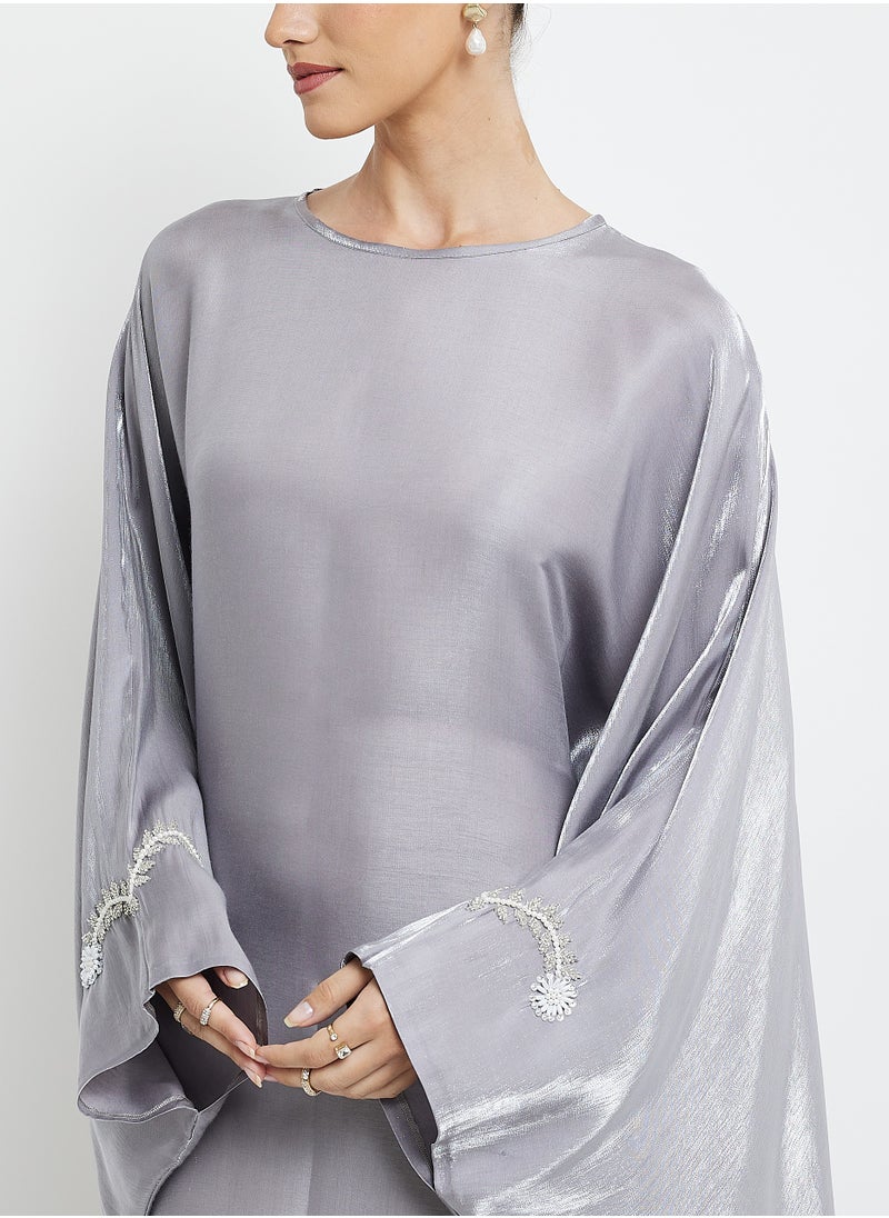 Rosette Abaya Embroidery Crew Neck kaftan Abaya  - Image 3