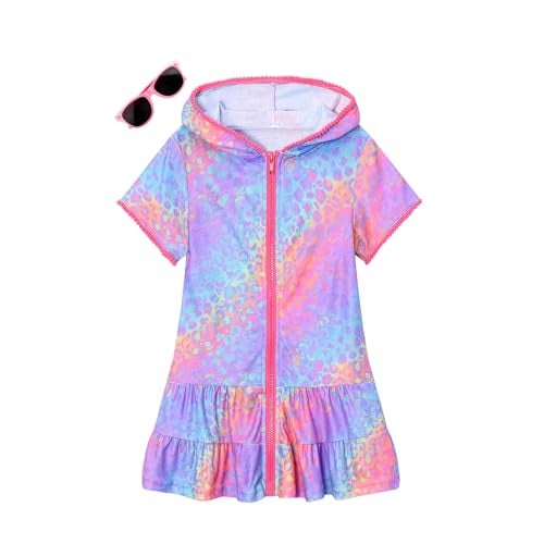 LUCKYGAL Little Girls Beach Coverup Swimsuit Coverup Zip-Up Rainbow Leopard Bathing Suit Wraps,4t 5t - Image 1