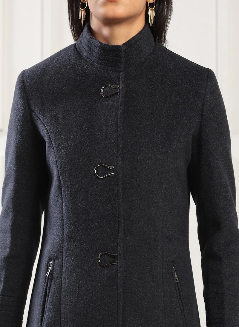 Globus Women Navy Mock Collar Long Sleeves Solid 2 Zipper Pockets Soft Functional Hip Length Winterwear Overcoat - Image 5