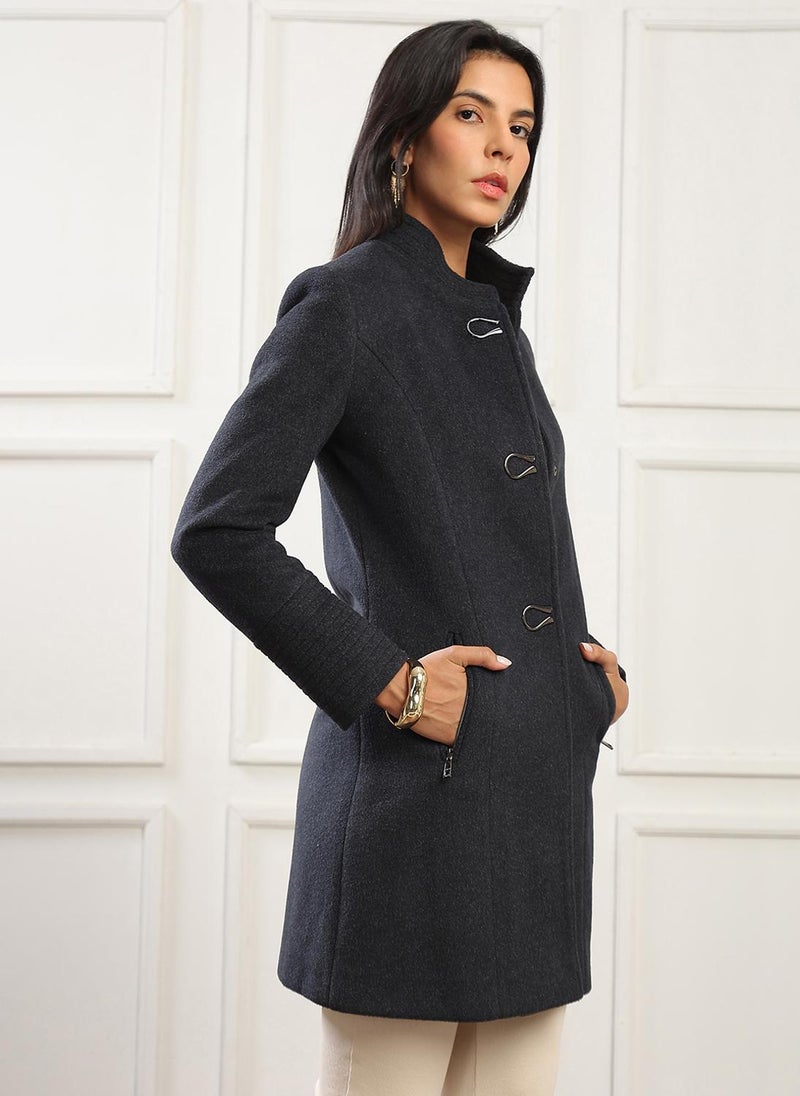 Globus Women Navy Mock Collar Long Sleeves Solid 2 Zipper Pockets Soft Functional Hip Length Winterwear Overcoat - Image 3