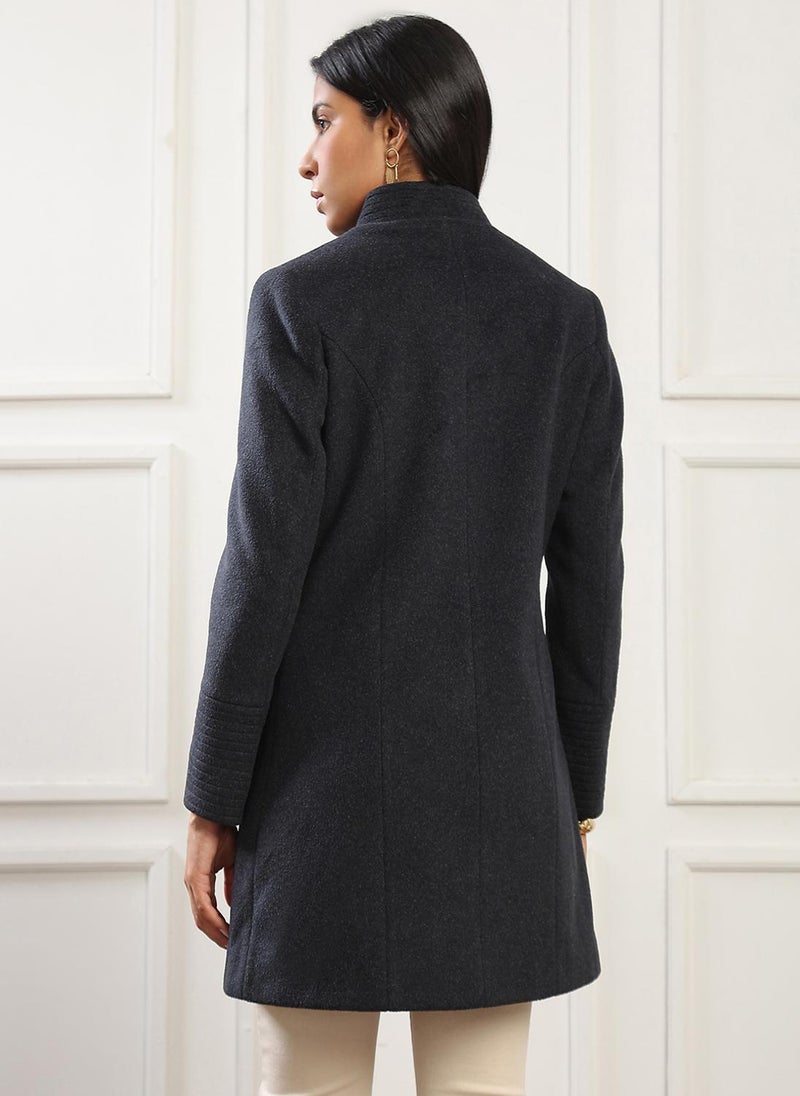 Globus Women Navy Mock Collar Long Sleeves Solid 2 Zipper Pockets Soft Functional Hip Length Winterwear Overcoat - Image 4