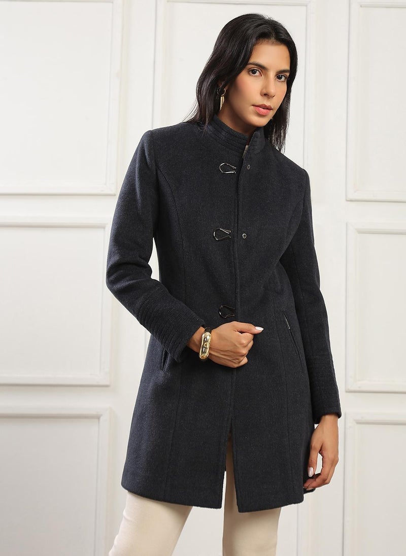 Globus Women Navy Mock Collar Long Sleeves Solid 2 Zipper Pockets Soft Functional Hip Length Winterwear Overcoat - Image 1