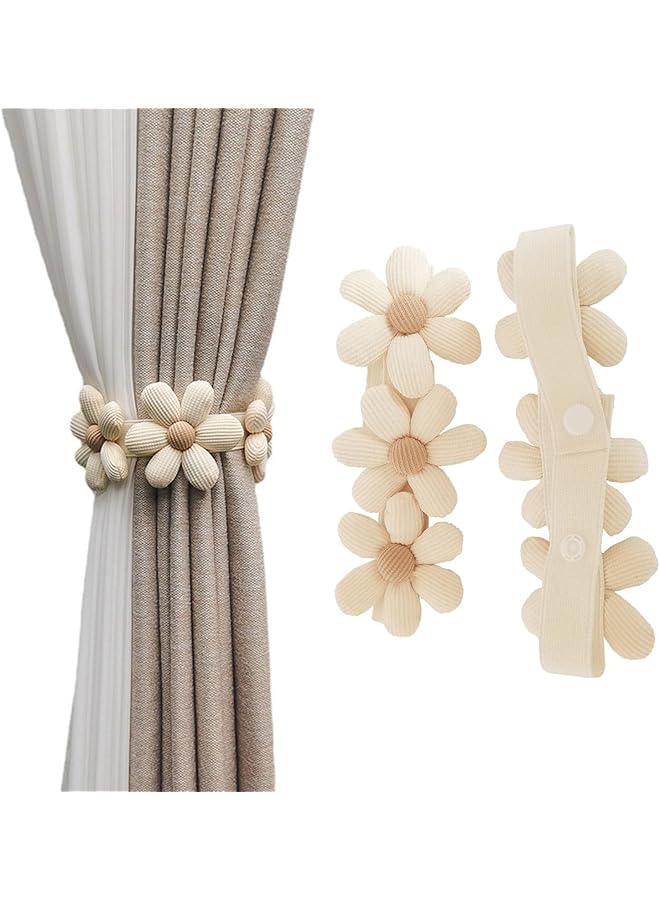The Bros رباط ستائر مزهر بسيط مع أزرار، رباطات ستائر زخرفية لستائر غرفة النوم (2 عبوة، بيج) - Image 1