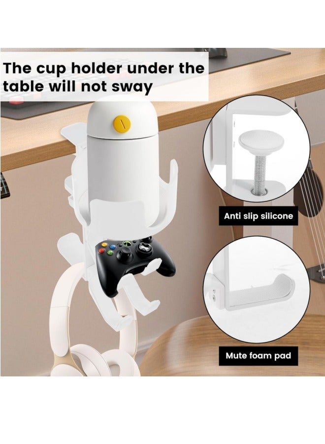 حامل سماعة رأس بمشبك 4 في 1 أسفل المكتب مع خطافات قابلة للدوران وحامل أكواب معدنية وشاشة تحكم - بدون تركيب مثقاب - Image 4