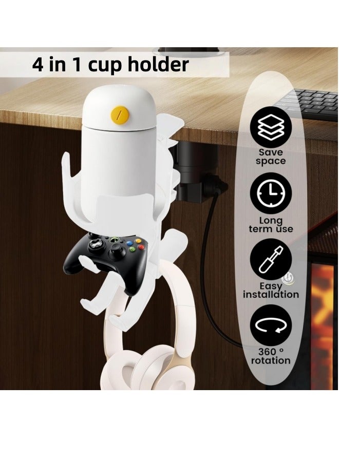 حامل سماعة رأس بمشبك 4 في 1 أسفل المكتب مع خطافات قابلة للدوران وحامل أكواب معدنية وشاشة تحكم - بدون تركيب مثقاب - Image 2